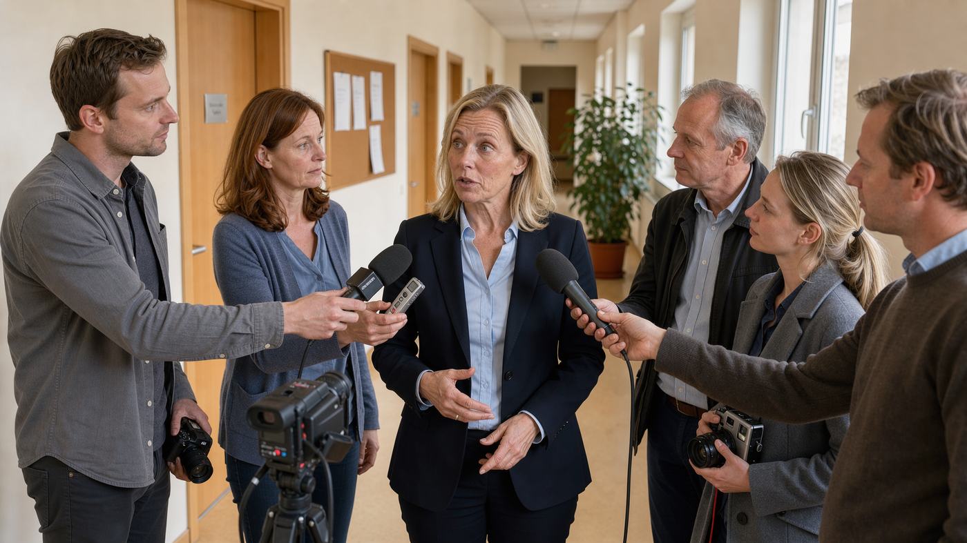 Pressekonferenz mit vielen Kameras und Mikrofonen